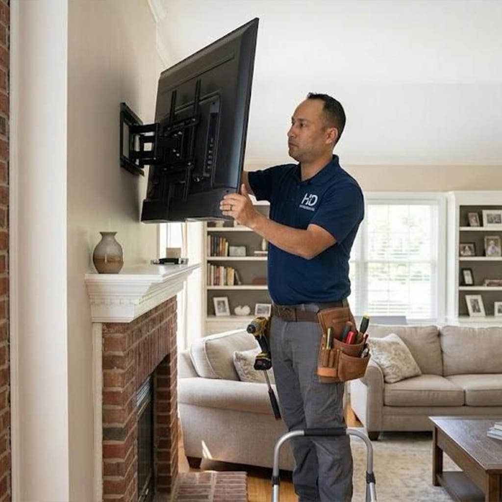 An installation technician mounts a flat-screen television on an articulated wall mount above a brick fireplace in a living room.