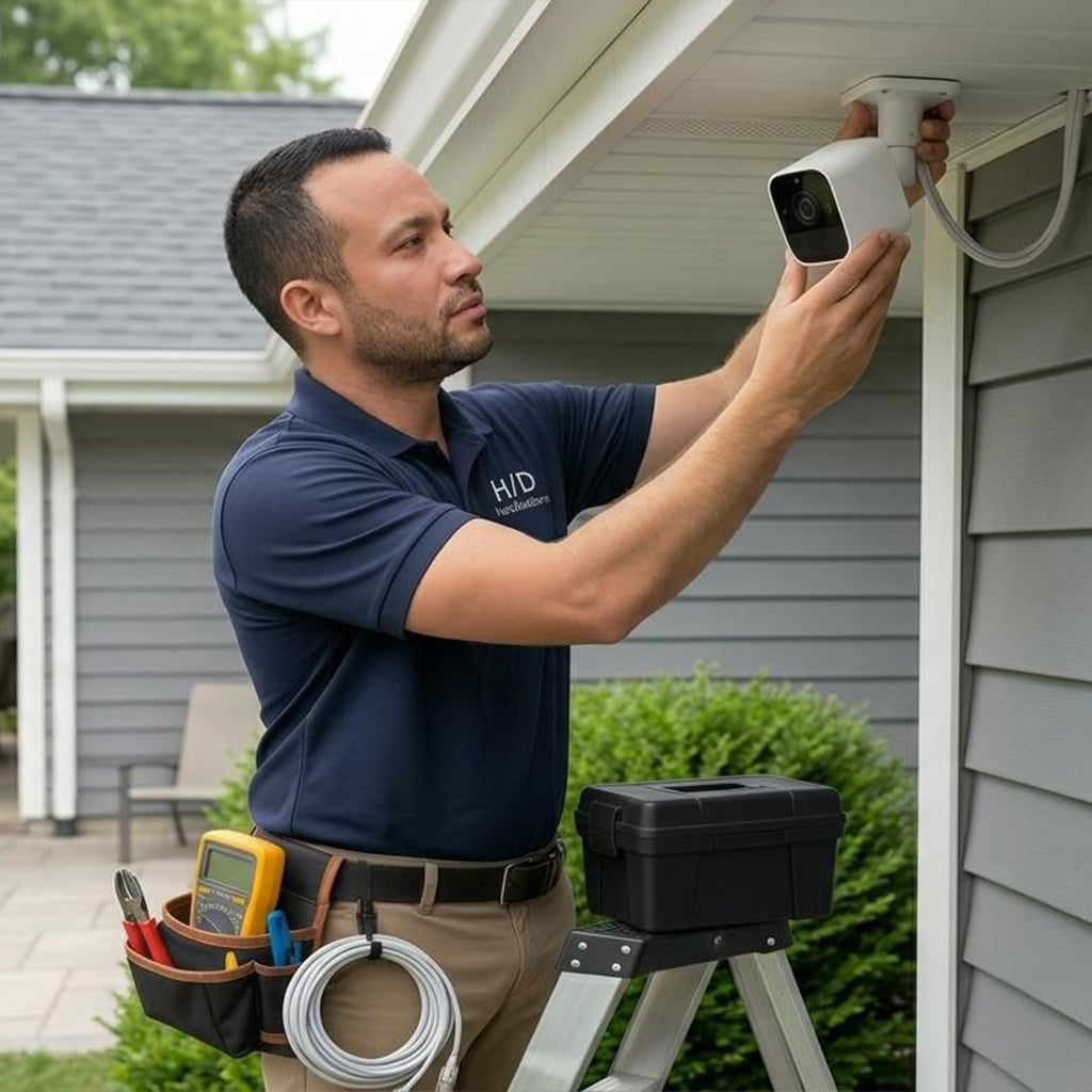 A technician wearing a navy blue shirt with a logo that reads "HD Installations" stands on a ladder and installs a white security camera on the eave of a house with grey siding.
