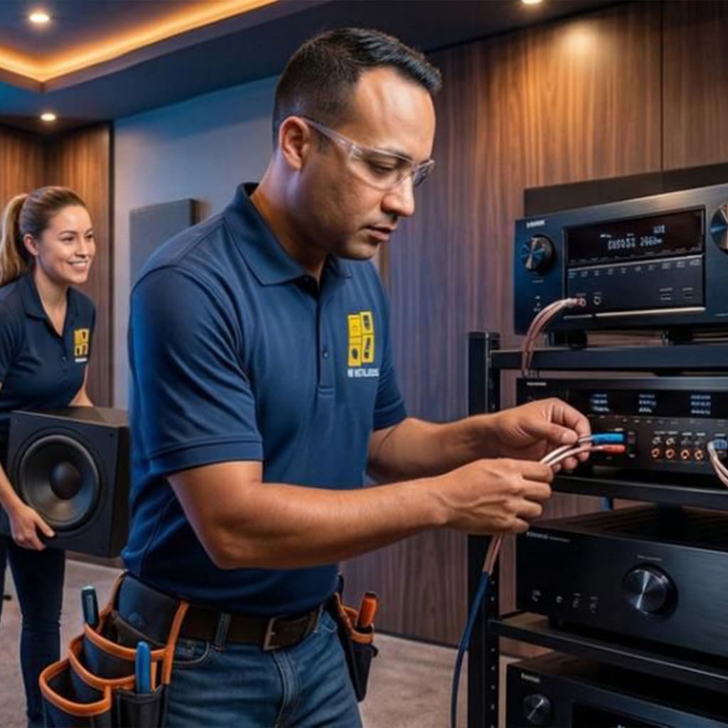 Two installation technicians in a home theater room. The technician in the foreground connects cables to an audio-video receiver, while the technician in the background carries a speaker. Both wear blue polo shirts with a yellow and blue logo.